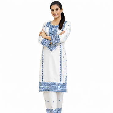 classic South Asian kurta–trouser set with a refined, elegant look, perfect for both daily wear and semi-formal occasion