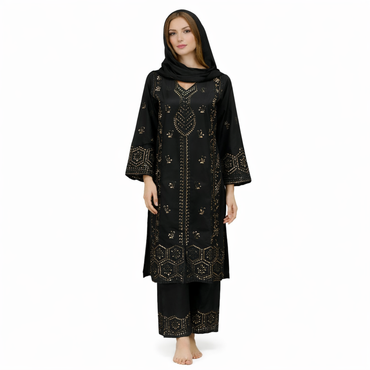 A traditional South Asian outfit, specifically a kurta set with a dupatta.•