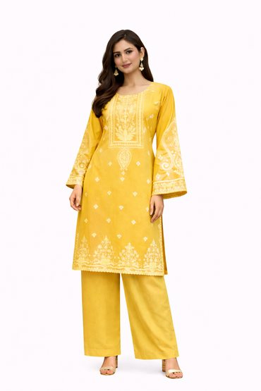 A traditional women’s kurta set, consisting of a long kurta and straight-cut trousers (pants)
