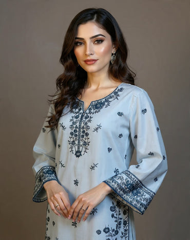 Elegant Sky Blue Embroidered Cotton Kurta Set – Sequin Detailed 2-Piece