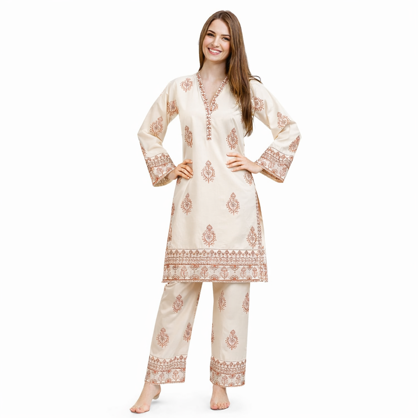 traditional South Asian kurta–trouser set with a fresh, everyday-festive vibe.