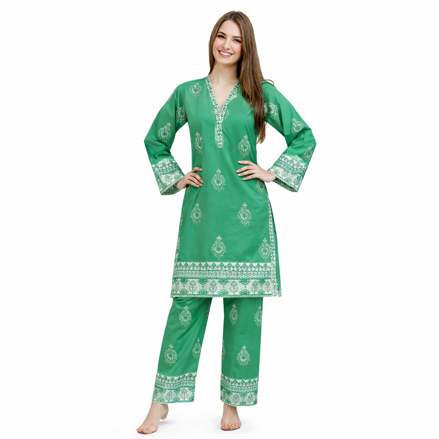 traditional South Asian kurta–trouser set with a fresh, everyday-festive vibe.