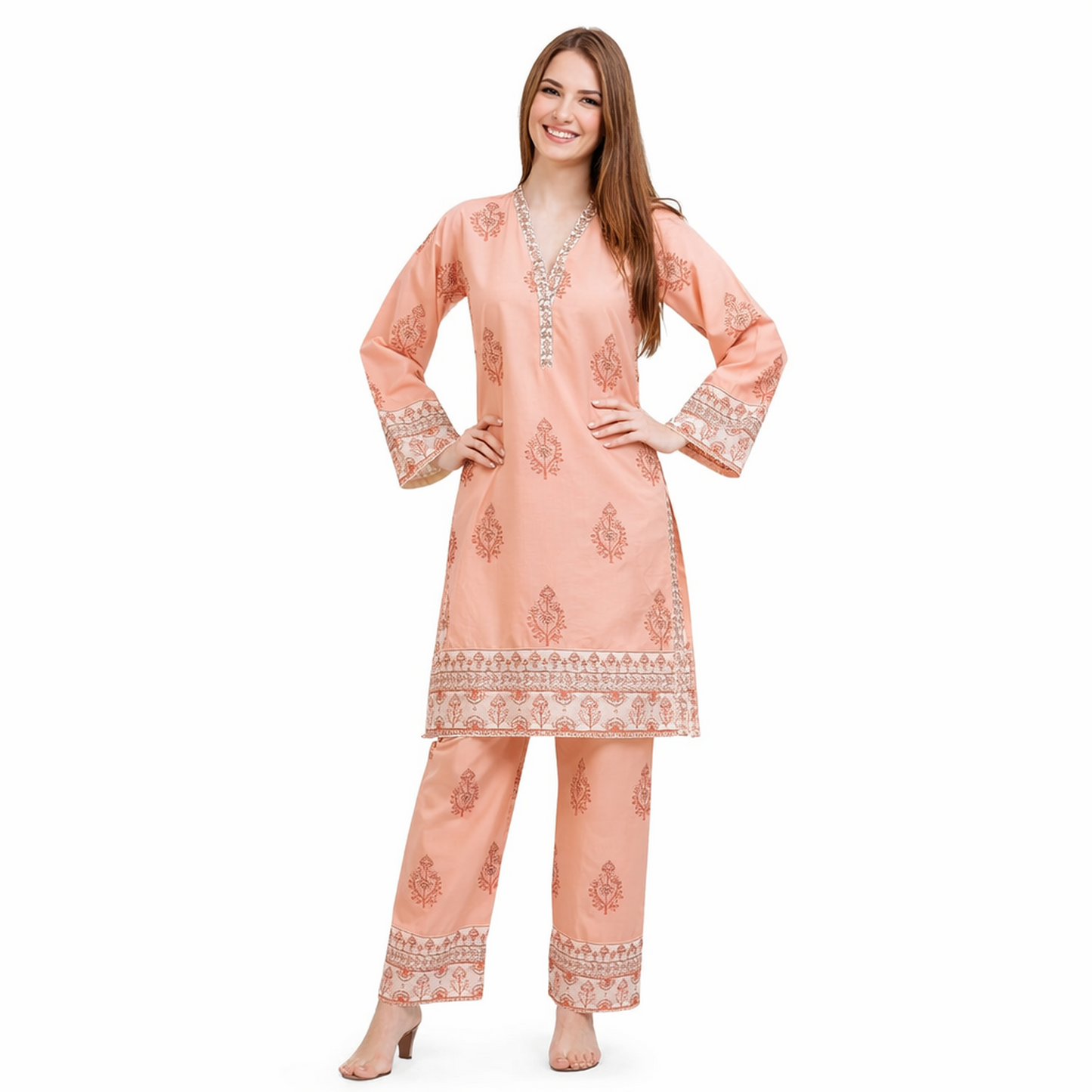 traditional South Asian kurta–trouser set with a fresh, everyday-festive vibe.