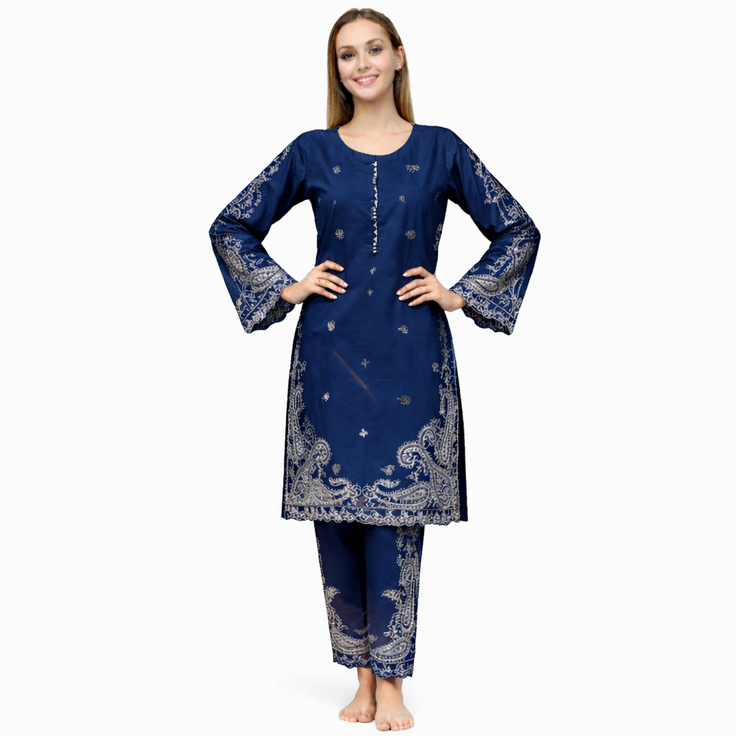 A traditional-style women’s kurta set•	Knee-length, straight-cut silhouette