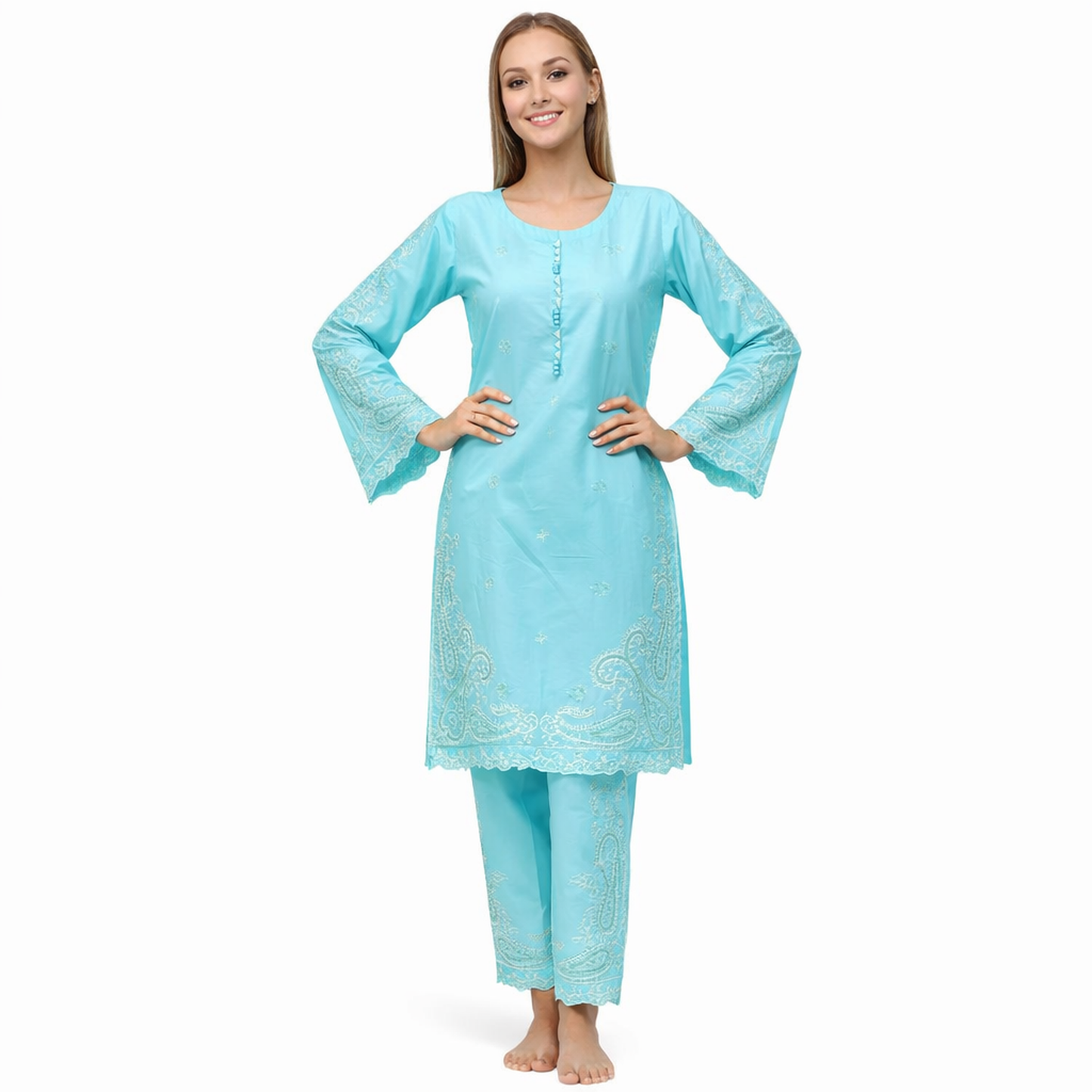A traditional-style women’s kurta set•	Knee-length, straight-cut silhouette