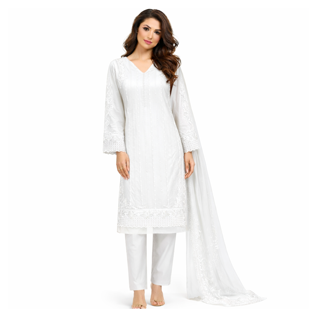 traditional South Asian three-piece suit (kameez, trousers, and dupatta)