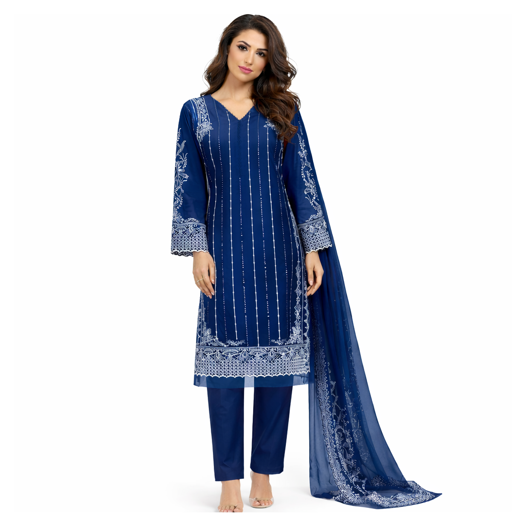 traditional South Asian three-piece suit (kameez, trousers, and dupatta)