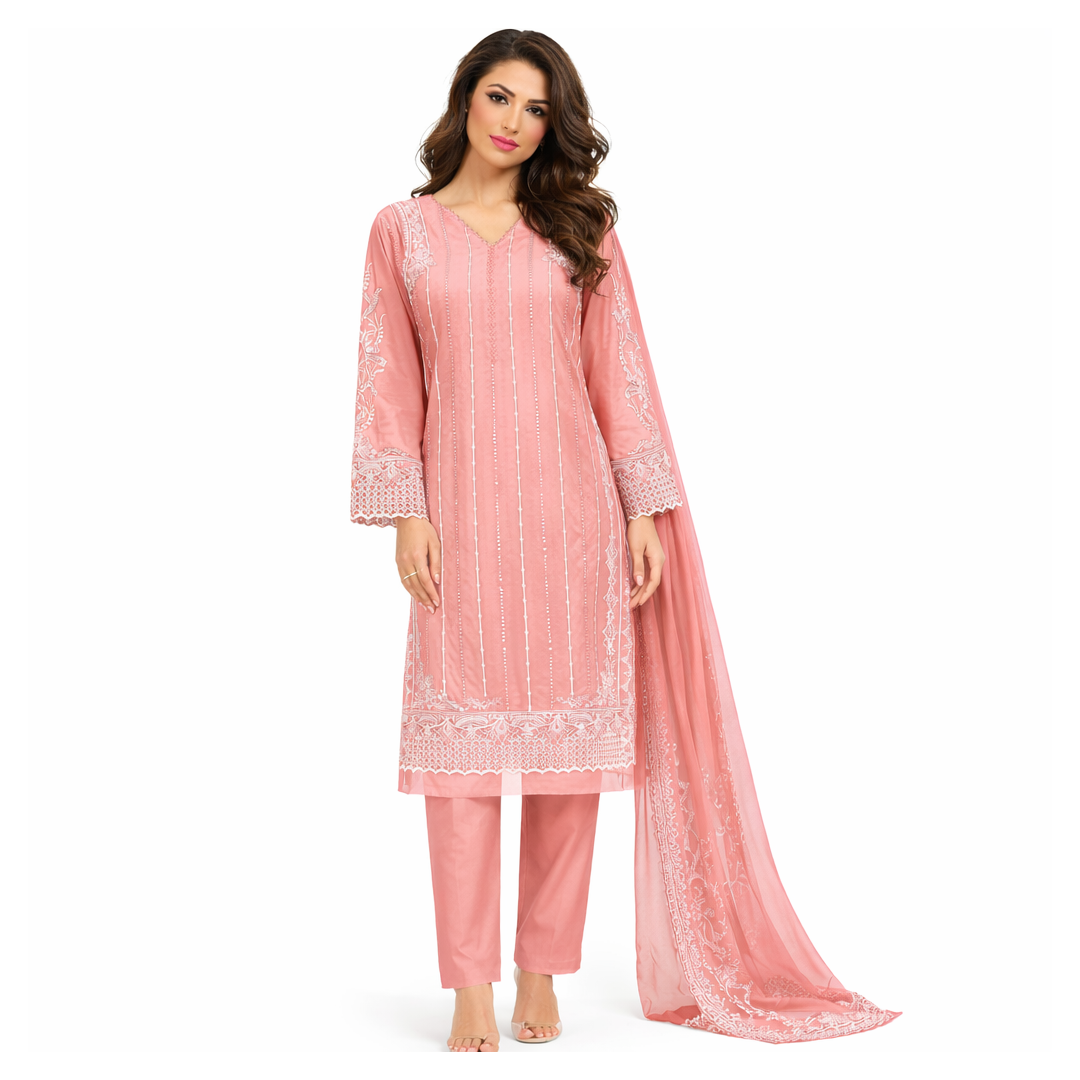 traditional South Asian three-piece suit (kameez, trousers, and dupatta)