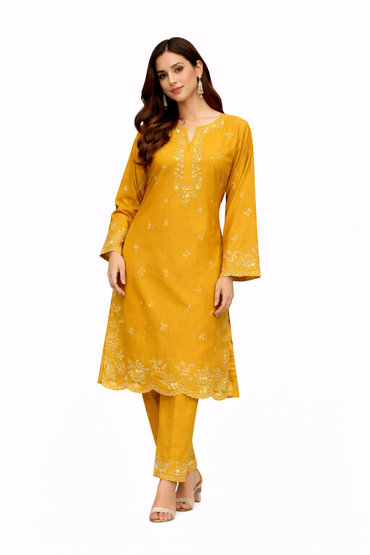 A women’s traditional kurta set, likely South Asian (kurta with straight pants)